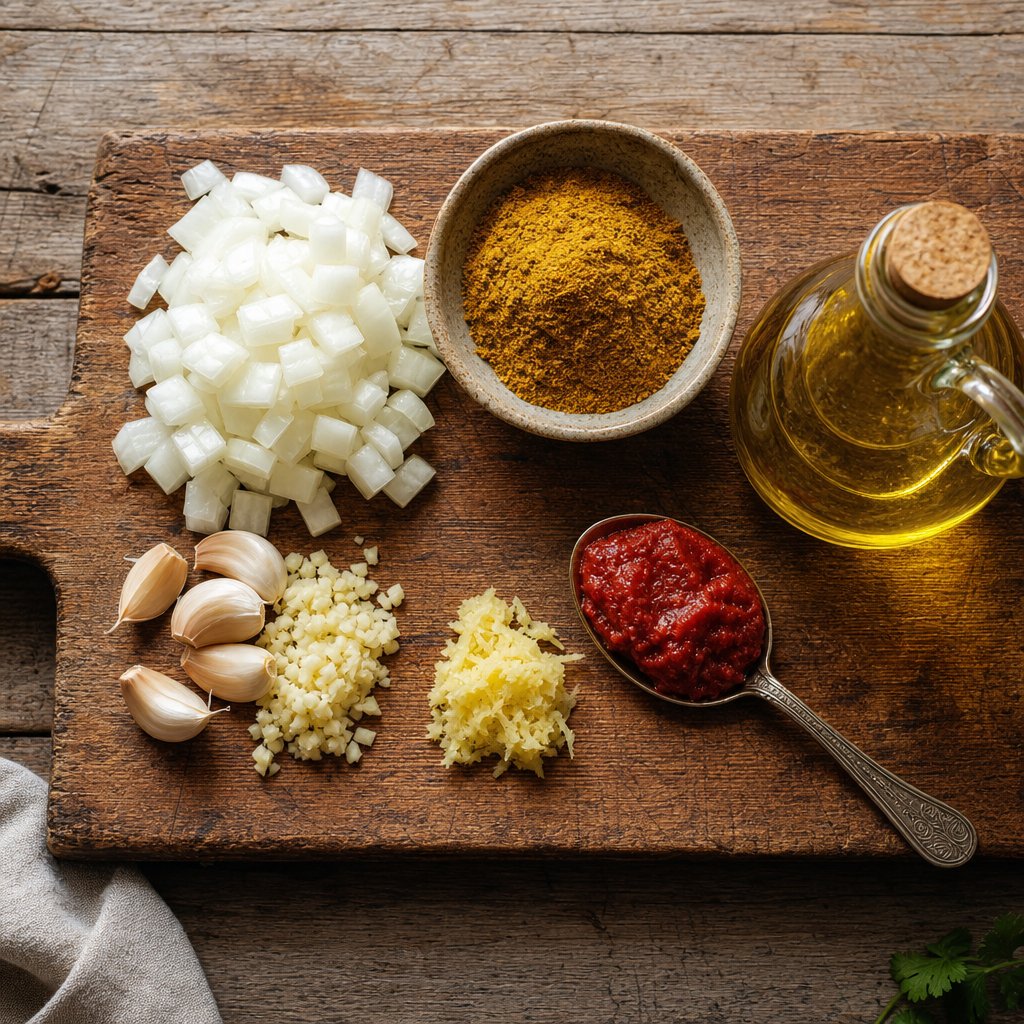 essential curry aromatics and base ingredients arranged for cooking