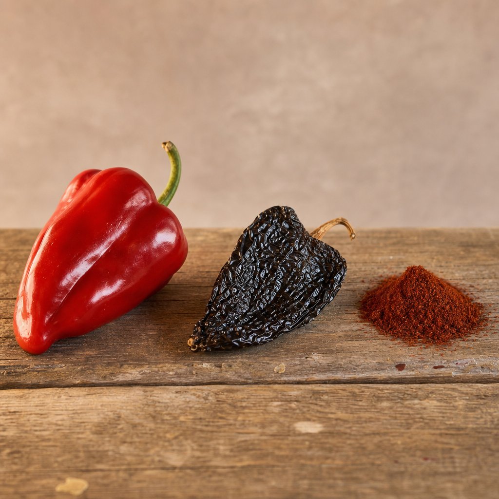 the transformation stages from fresh red poblano pepper to dried ancho chile to ground ancho chili powder