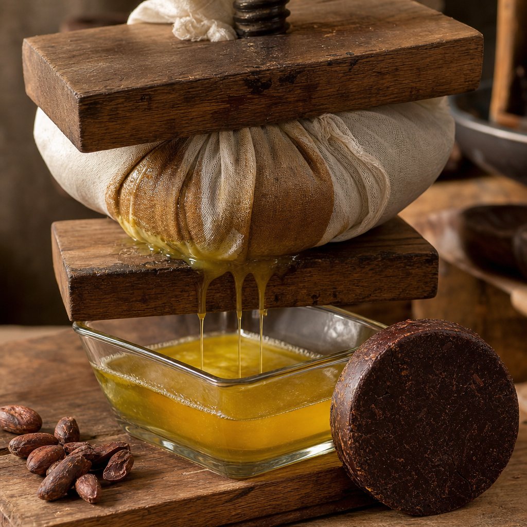 pressing cocoa butter from cacao liquor to create dry press cake for powder