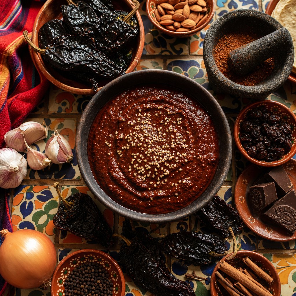 ancho chili powder used in traditional mexican mole sauce preparation with whole dried chiles and fresh ingredients