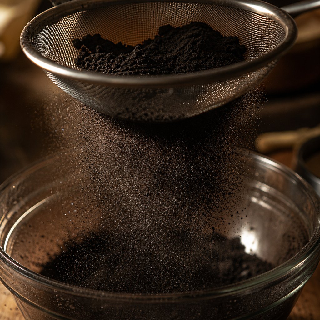 ultra fine black cocoa powder sifted to show its characteristic high absorbency and intense dark color