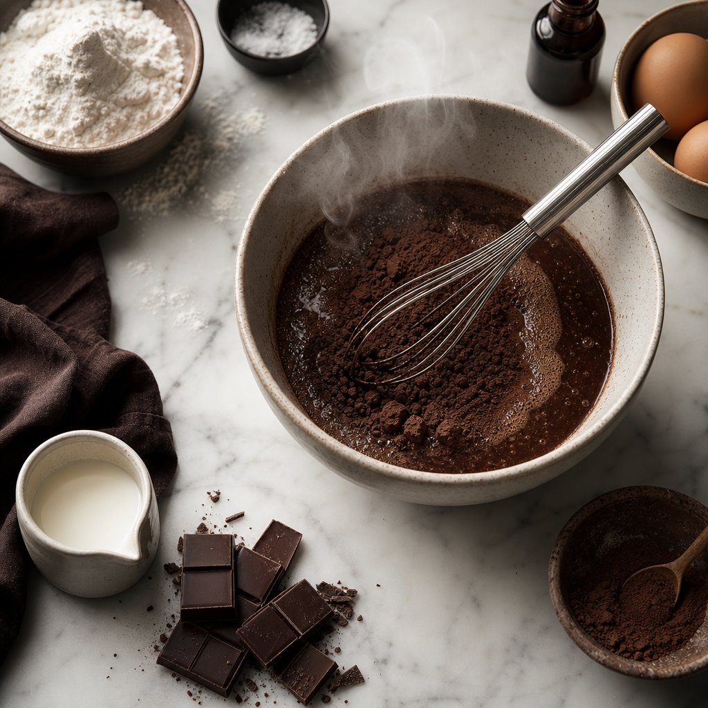 blooming cocoa powder in hot liquid to revive faded flavor before adding it to baking recipes