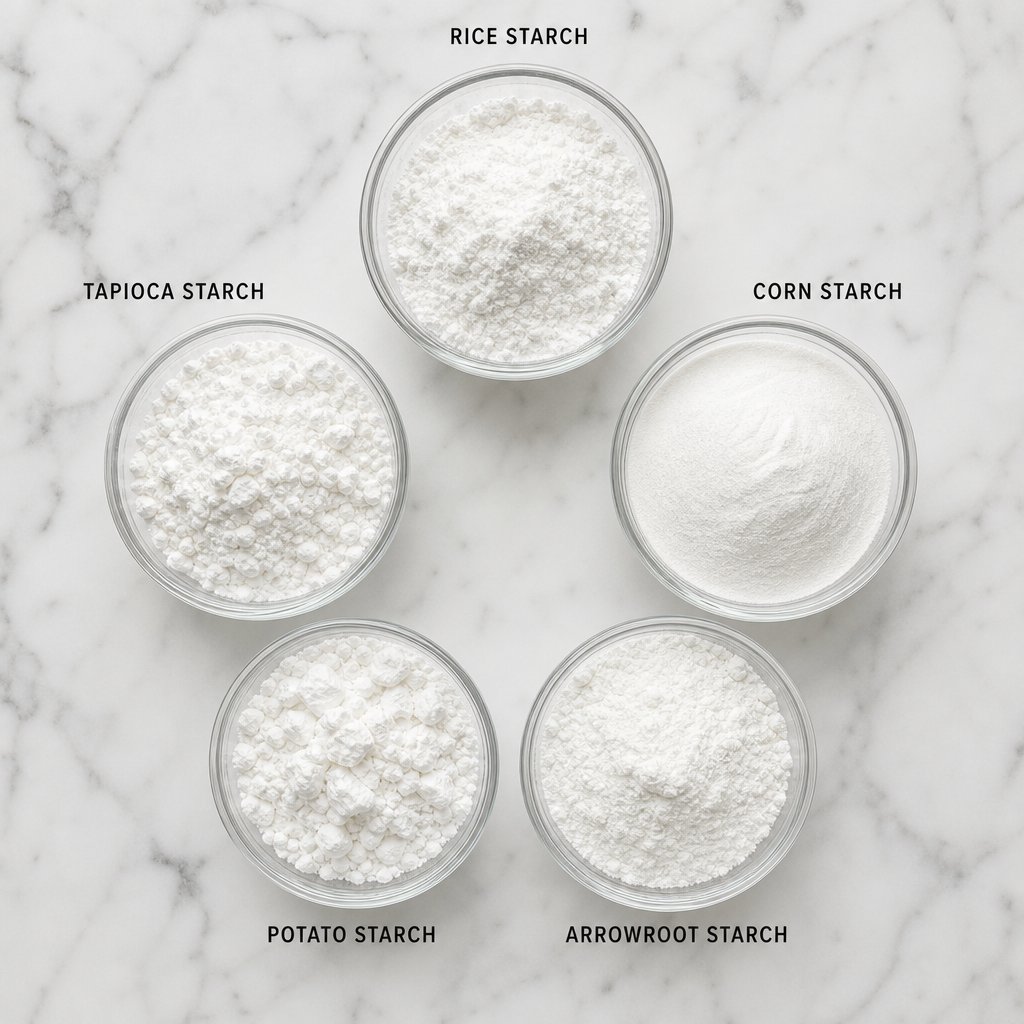 visual comparison of common cooking starches including arrowroot cornstarch tapioca potato starch and wheat flour