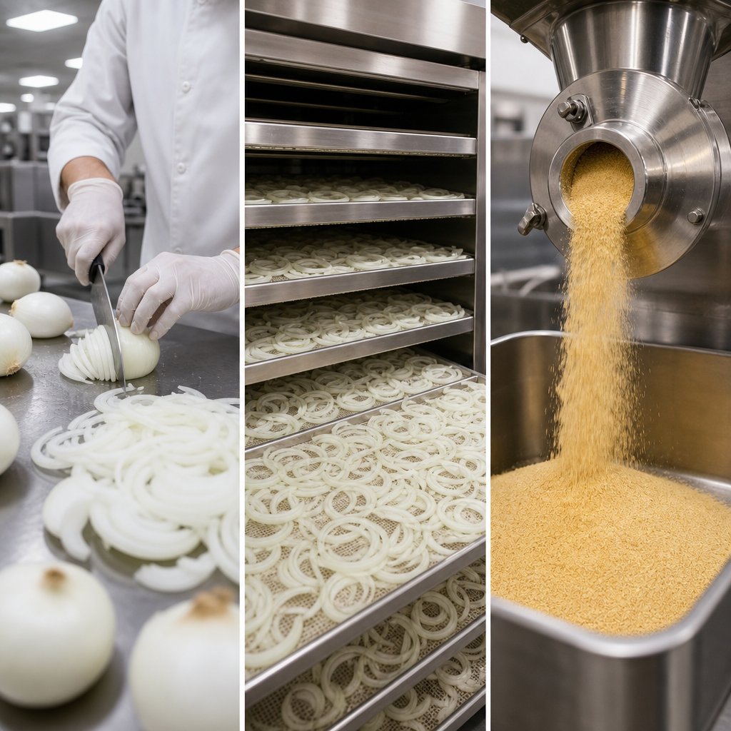 the onion powder manufacturing process involves slicing dehydrating and grinding with no gluten containing ingredients