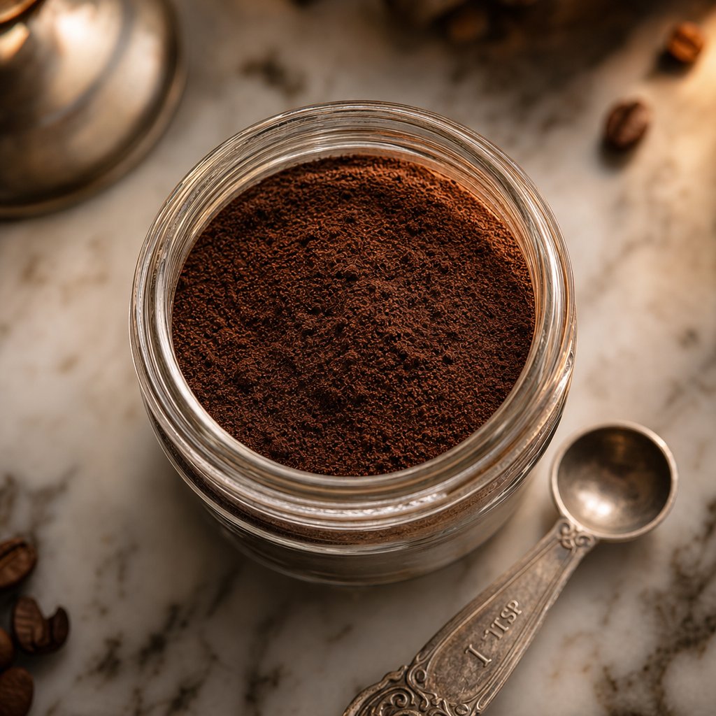 ultra fine espresso powder with its characteristic dark color and dust like texture