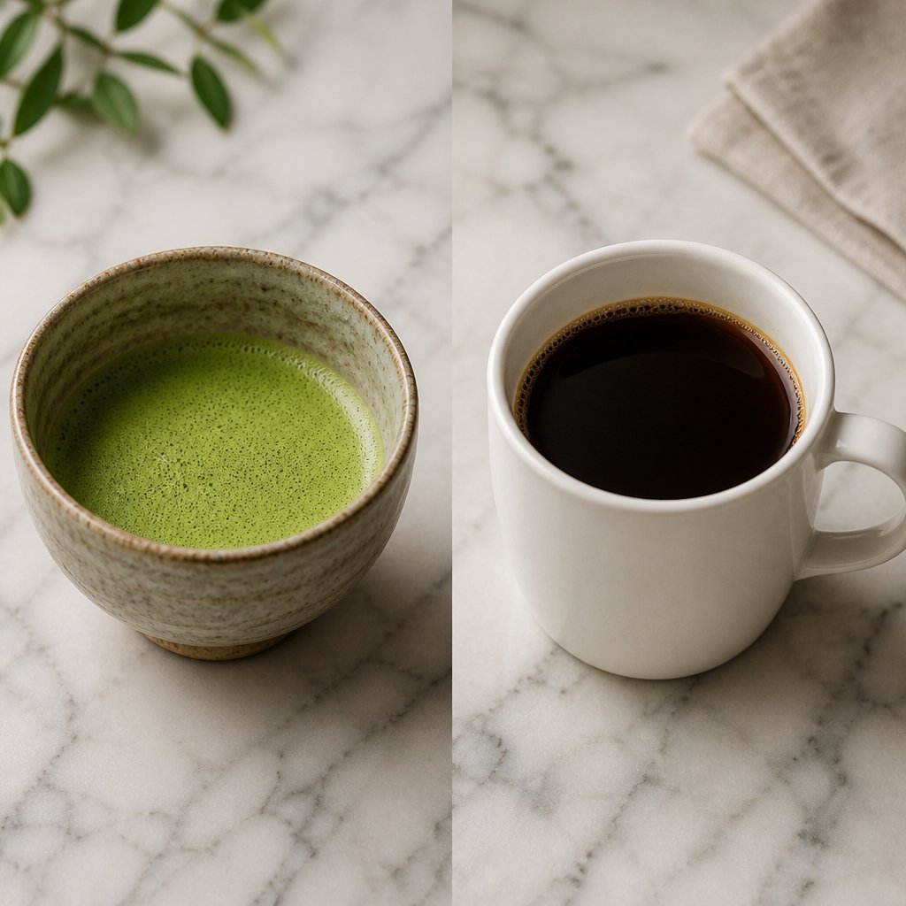 matcha and coffee side by side %E2%80%94 similar caffeine molecules but different serving sizes concentrations and energy delivery patterns