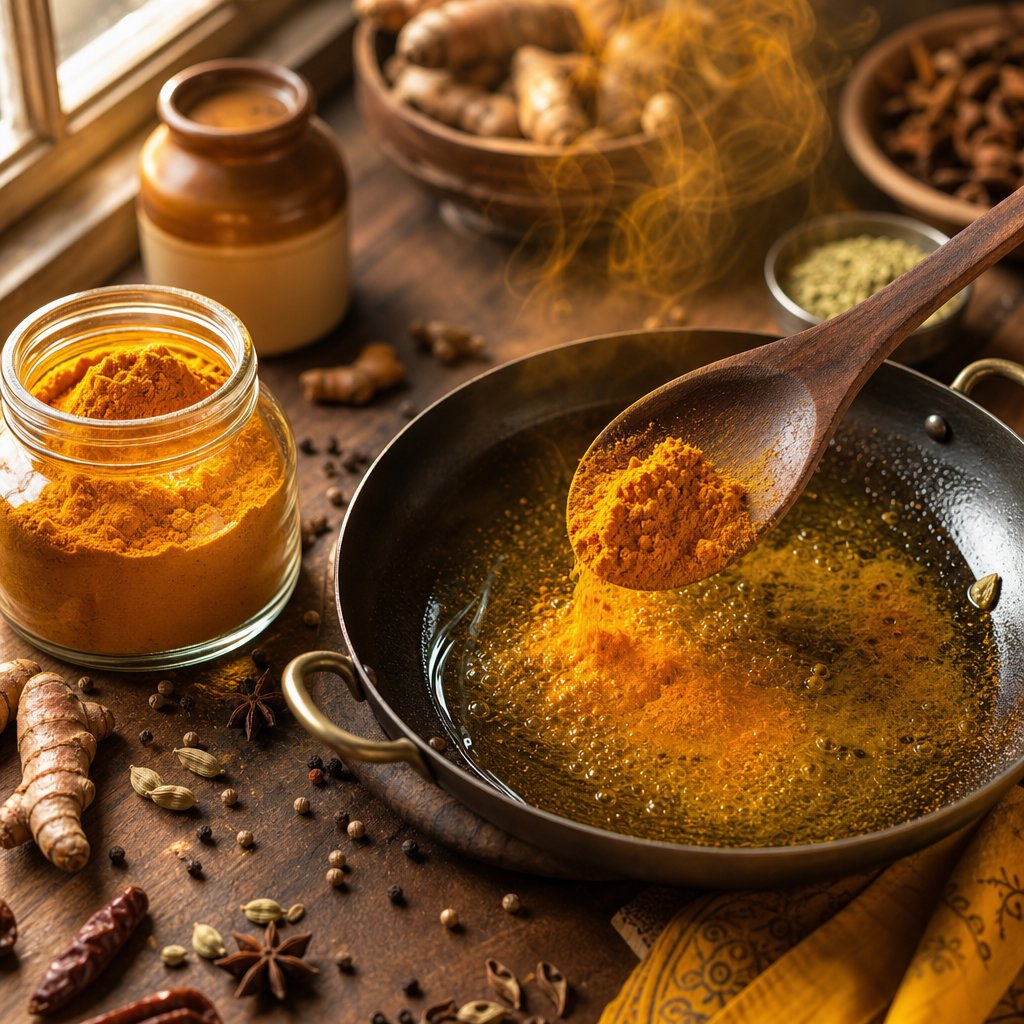 blooming turmeric powder in warm oil releases its full golden color and complex earthy aroma