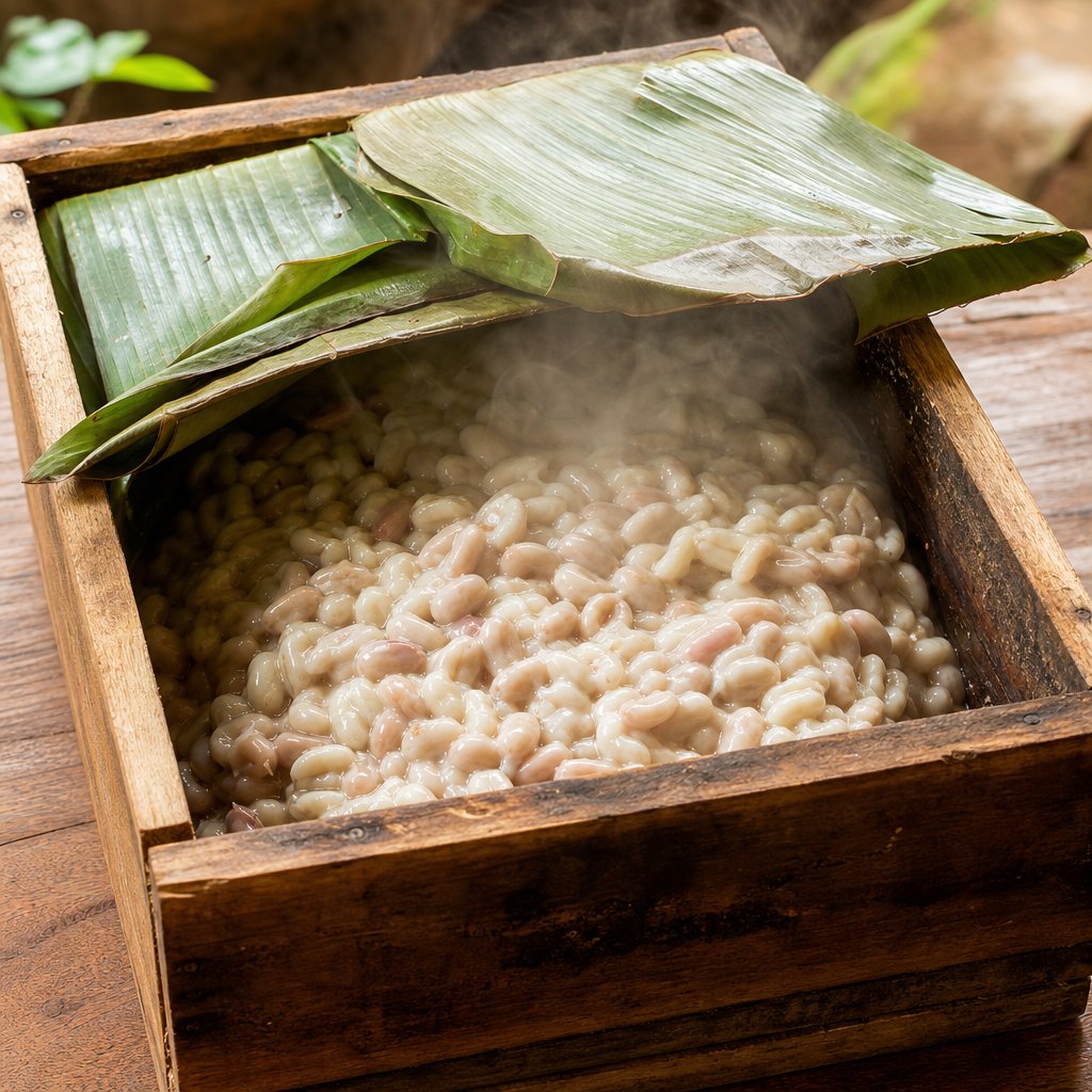 small batch cacao bean fermentation in a wooden box lined with banana leaves