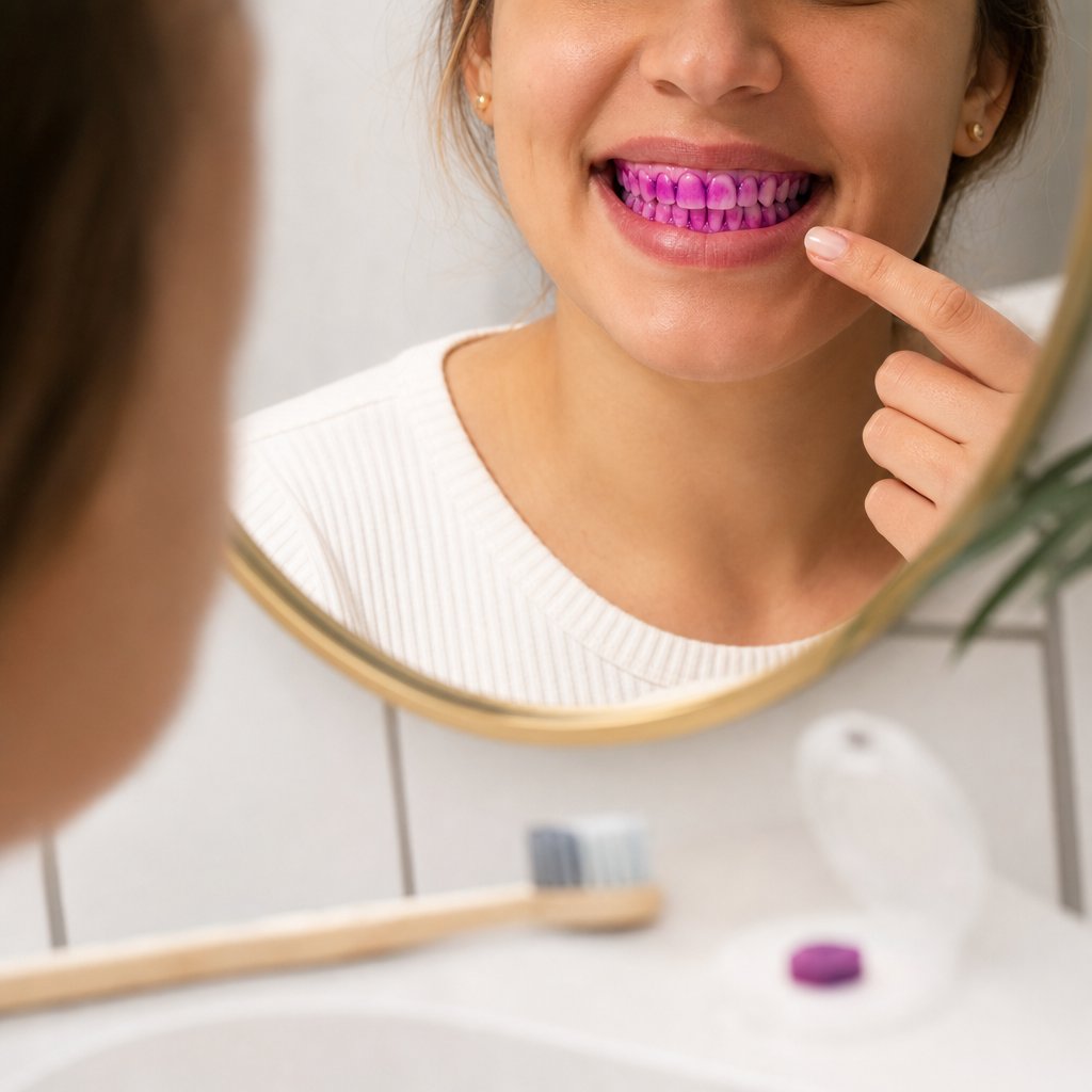 disclosing tablets reveal hidden plaque as vivid pink and purple stains on teeth showing exactly where your brushing misses