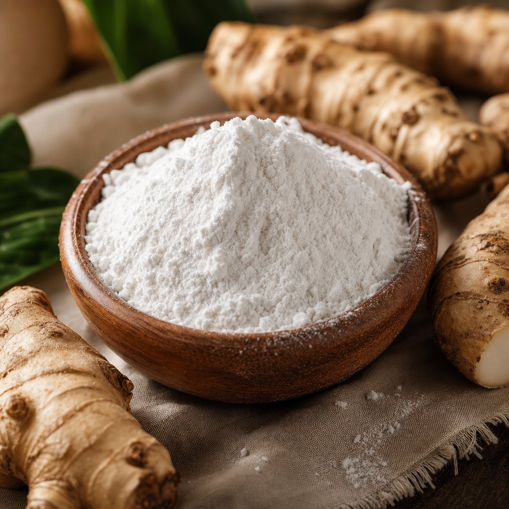 pure white arrowroot powder alongside fresh rhizomes showing the natural source of this versatile gluten free starch