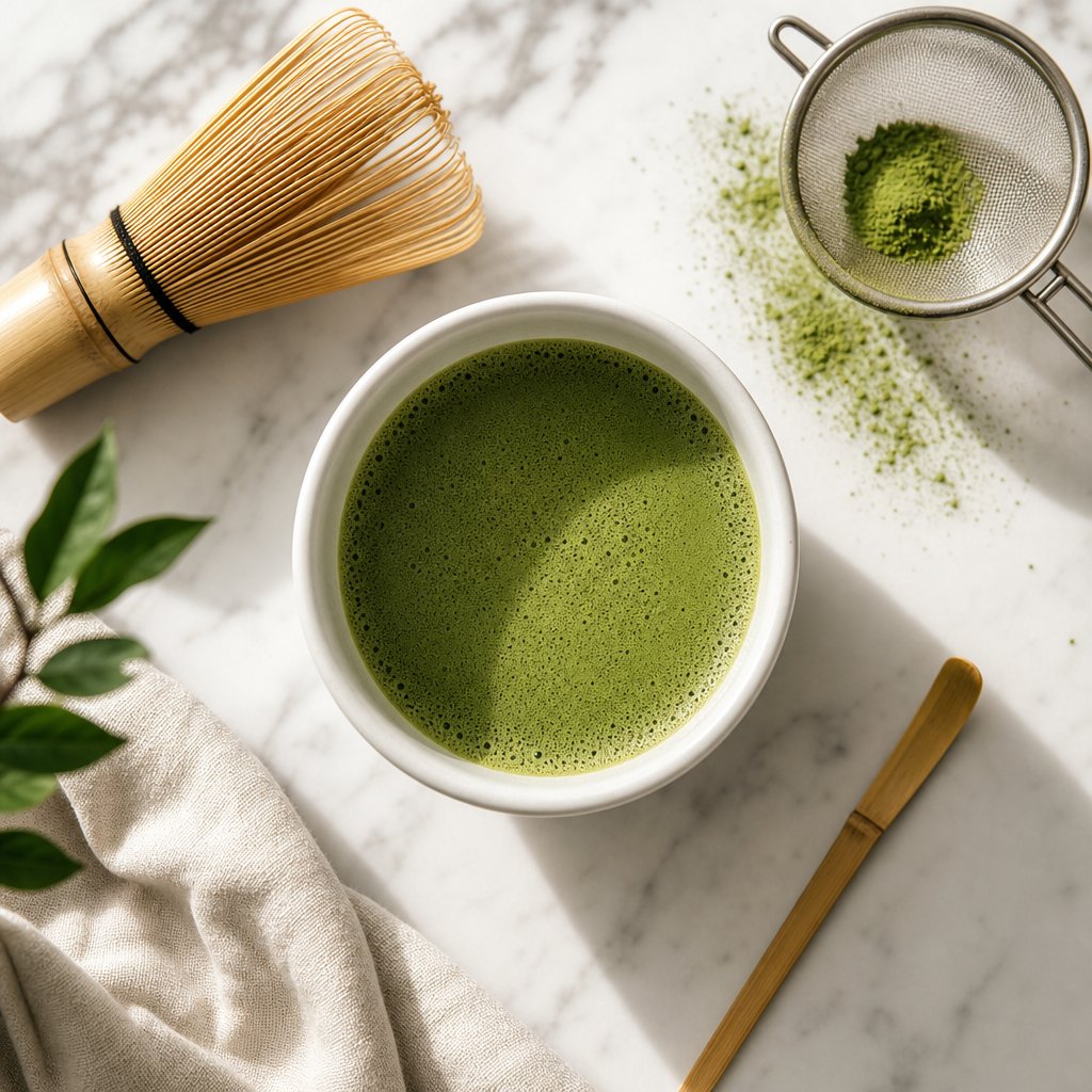 a perfectly measured cup of matcha with traditional tools for consistent preparation