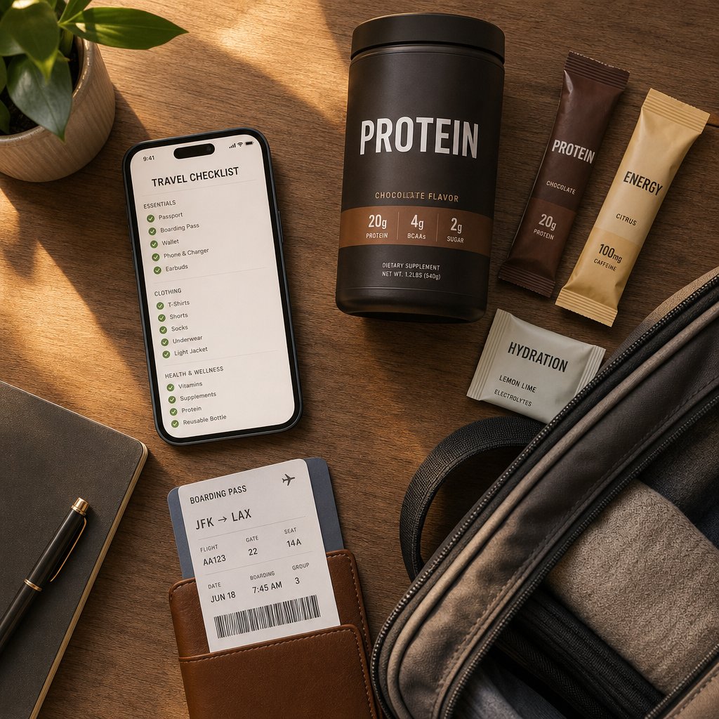 pre flight supplement checklist setup with labeled containers and travel ready protein formats