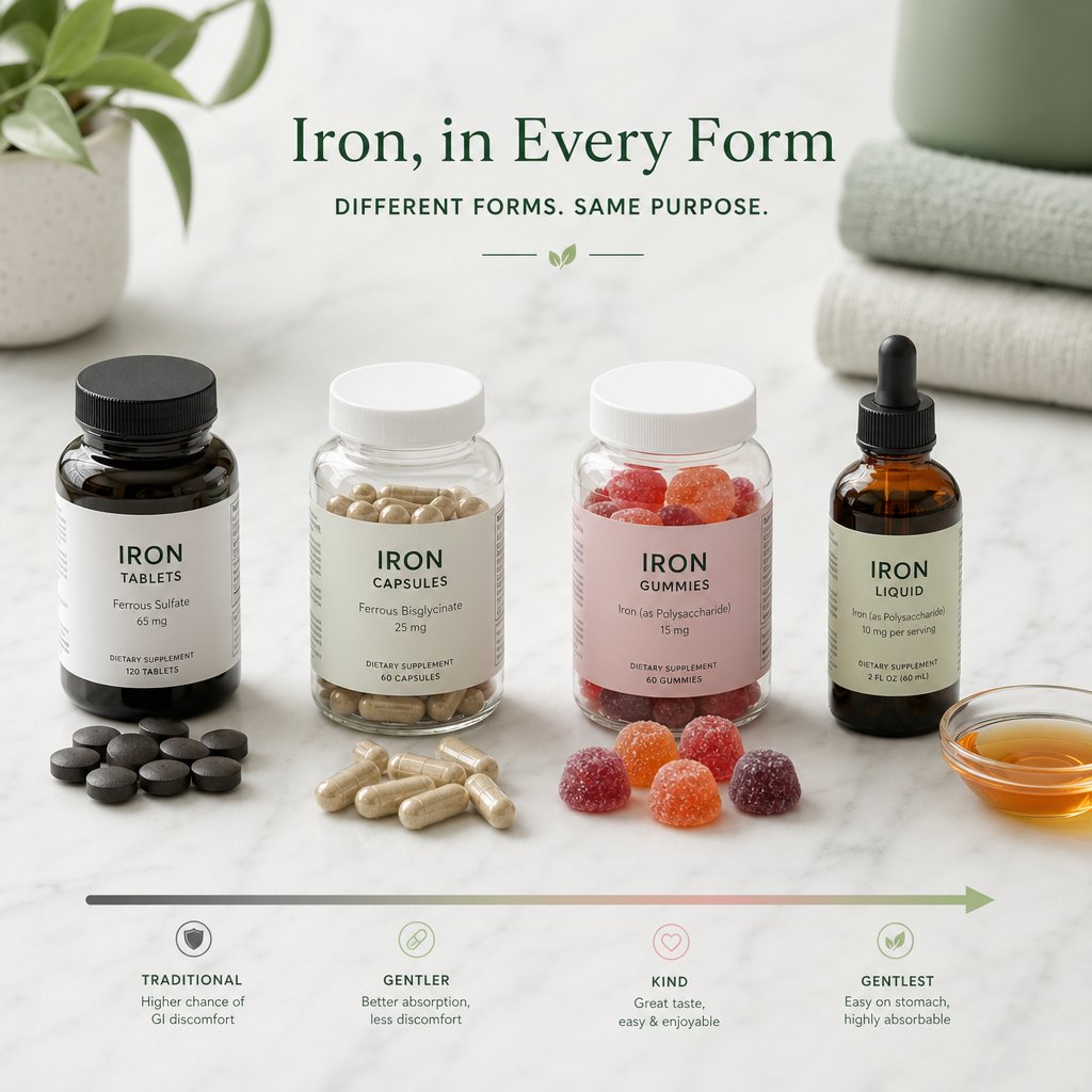 iron supplements range from high dose tablets to gentler chelated capsules and flexible liquid formulations
