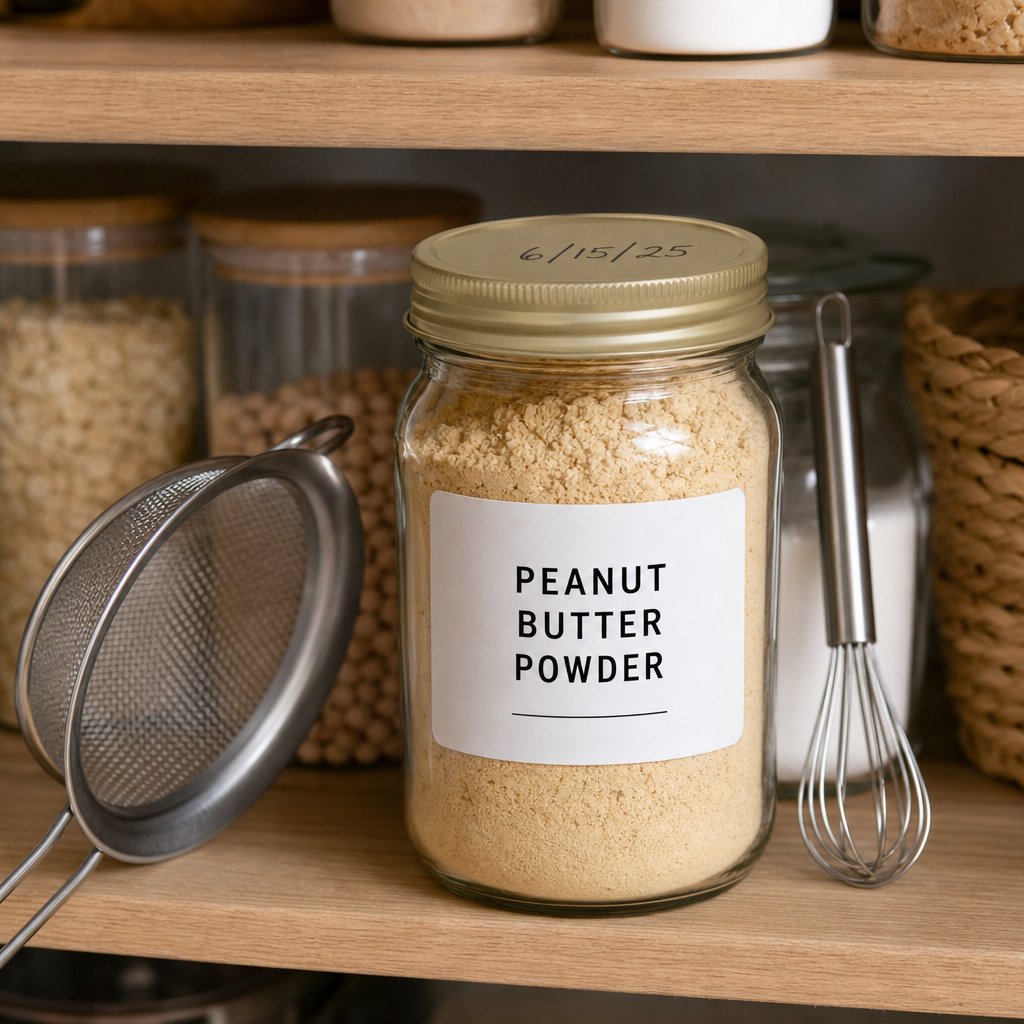 proper storage setup for peanut butter powder with dated lid and sifting tools for clump free mixing