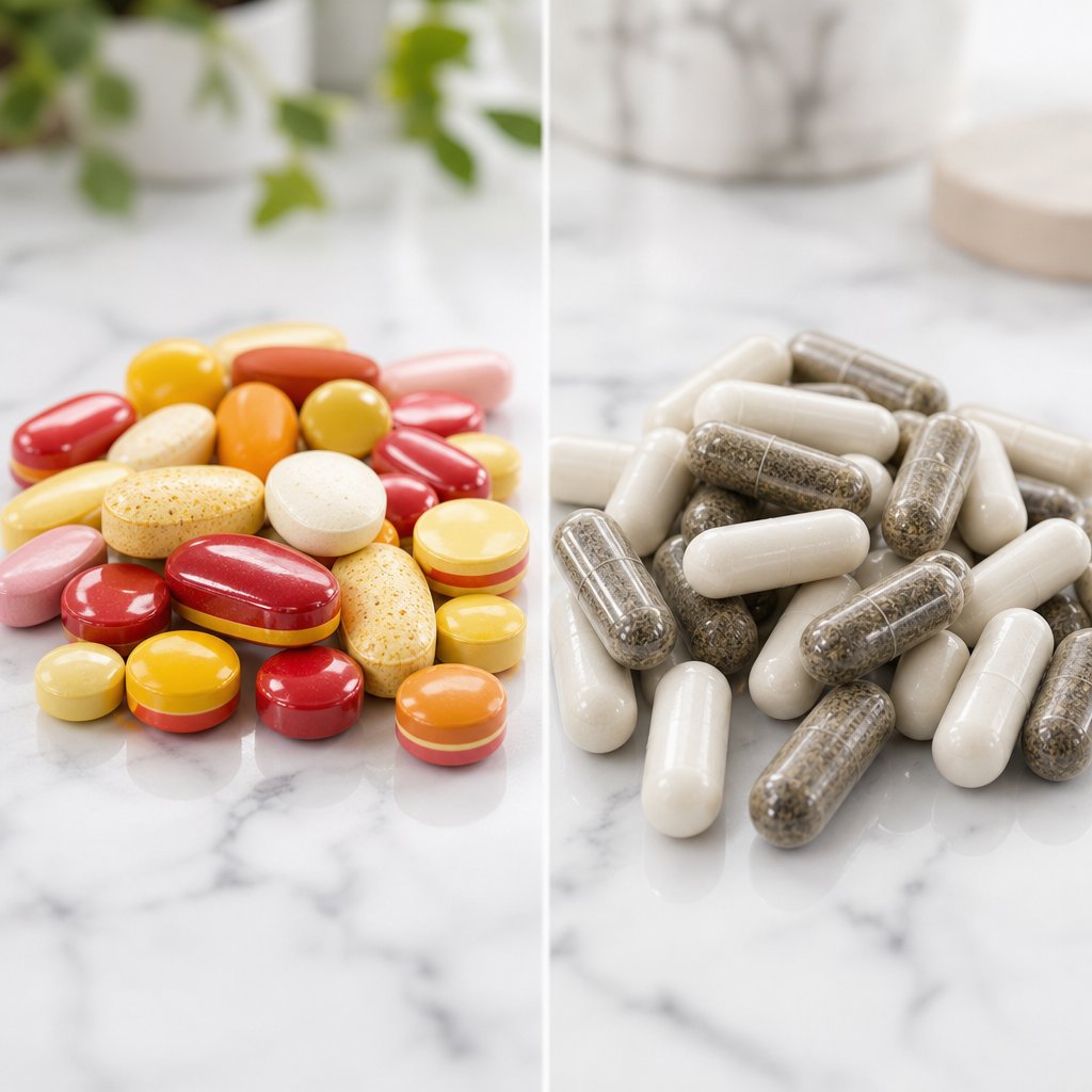 coated iron tablets with dyes versus plain capsules illustrating how inactive ingredients differ between formulations
