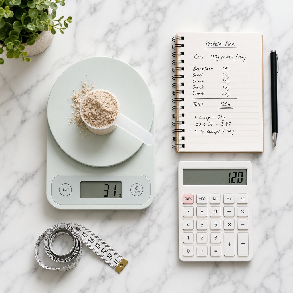 weighing protein powder and tracking daily intake for accurate calorie budgeting