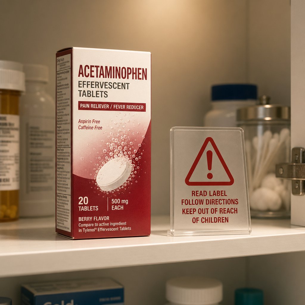 medicine safety concept showing the importance of reading warnings before taking effervescent otc medications