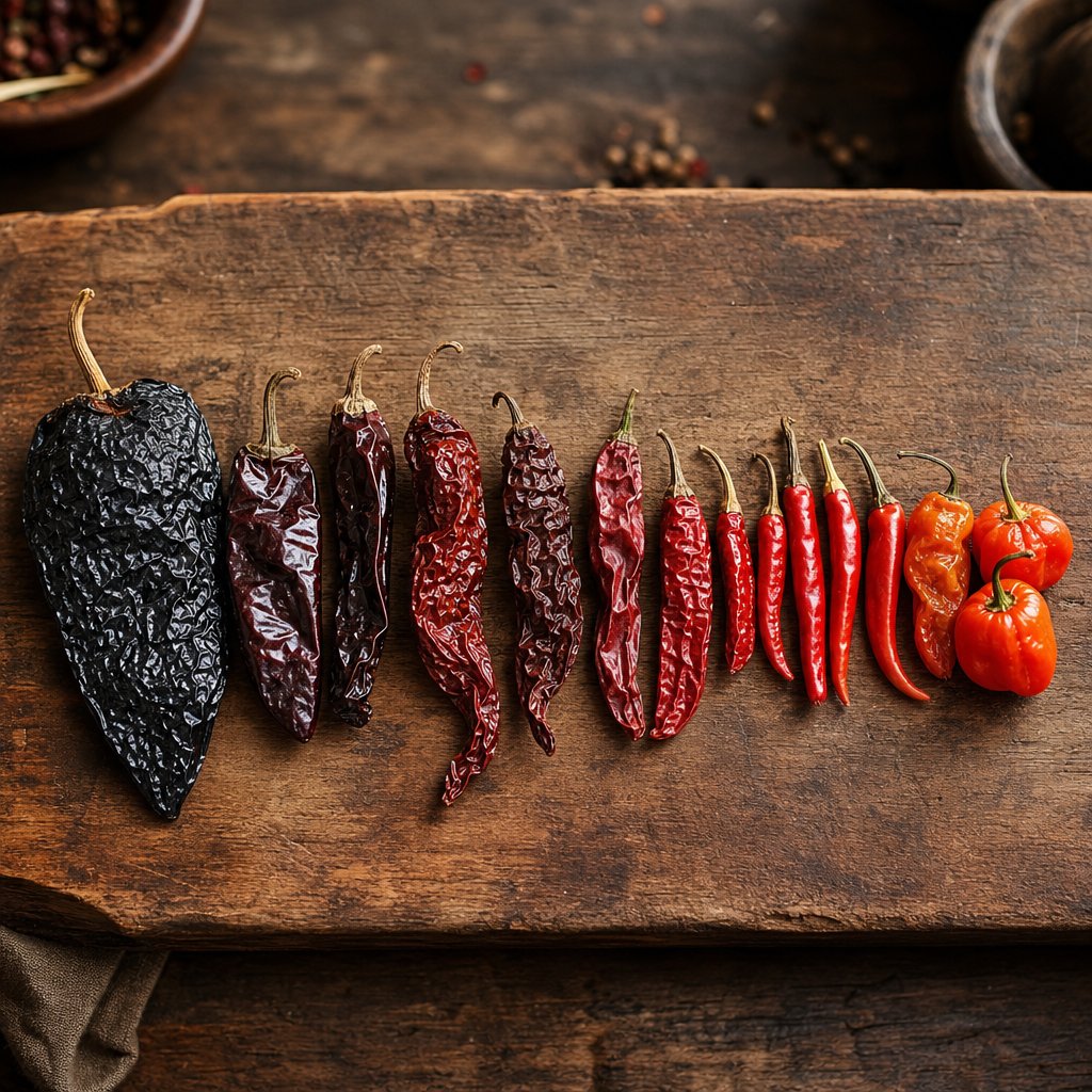 dried chili peppers arranged from mild ancho to hot habanero showing the visual diversity across the heat spectrum