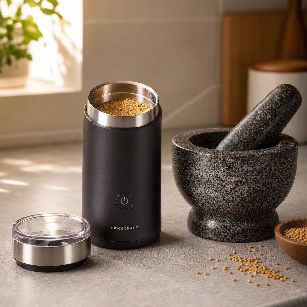 an electric spice grinder and mortar and pestle are the two most practical tools for grinding mustard seeds at home
