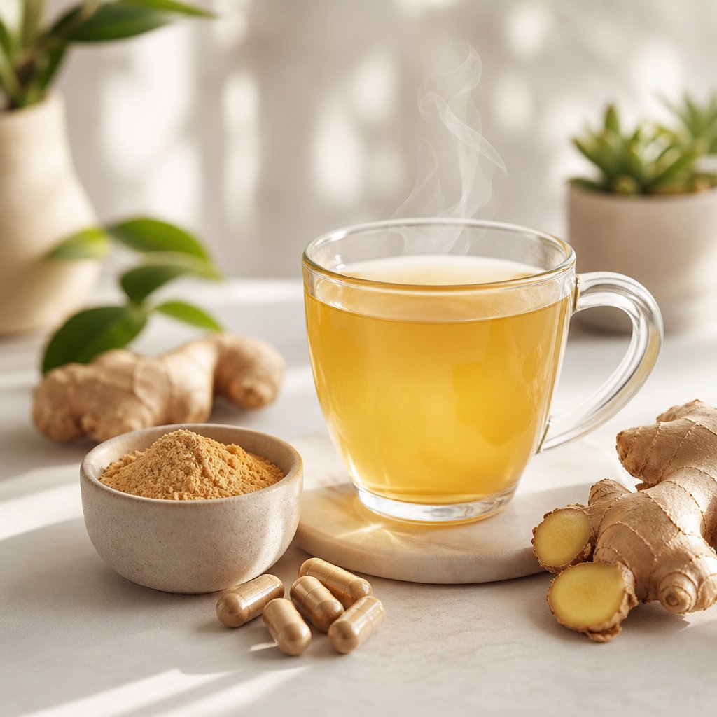 ground ginger powder used in wellness applications from teas to supplement capsules
