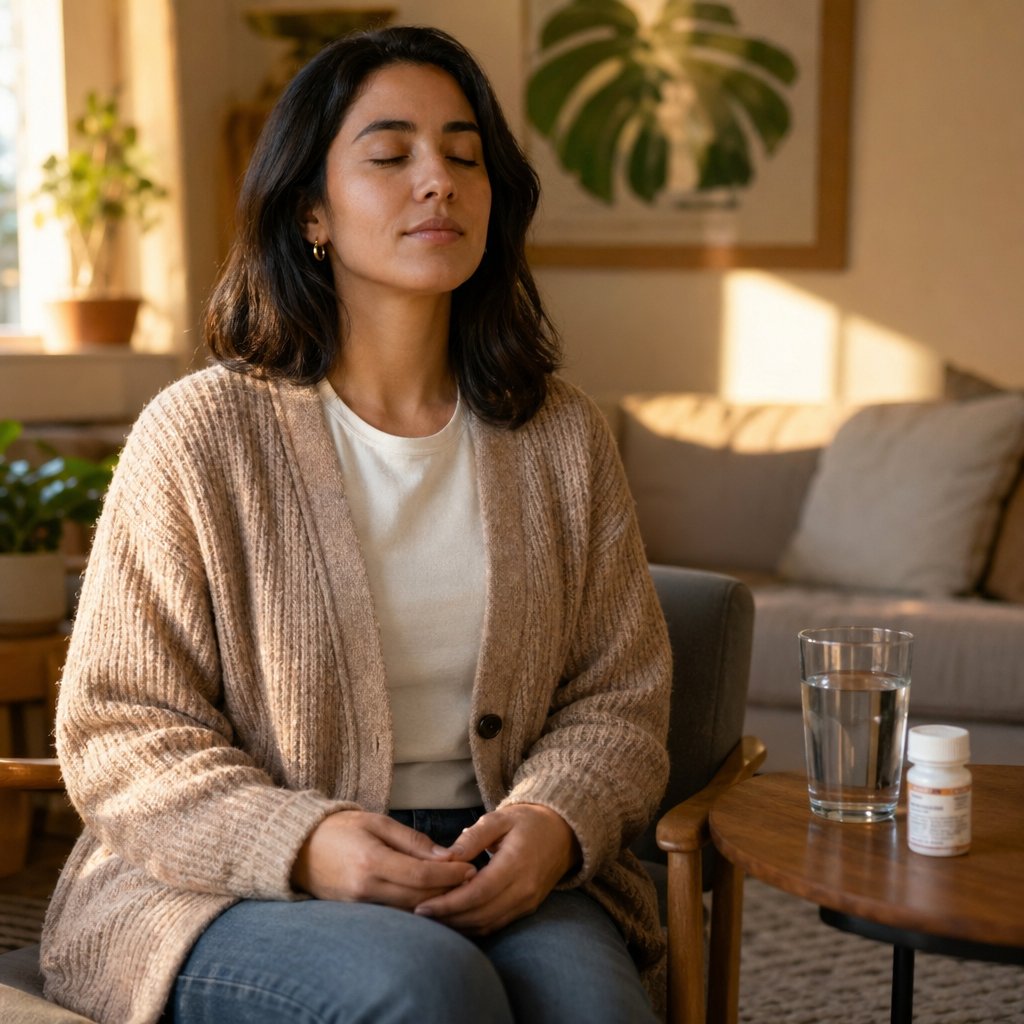 slow breathing and relaxation techniques help break the anxiety cycle before swallowing a pill