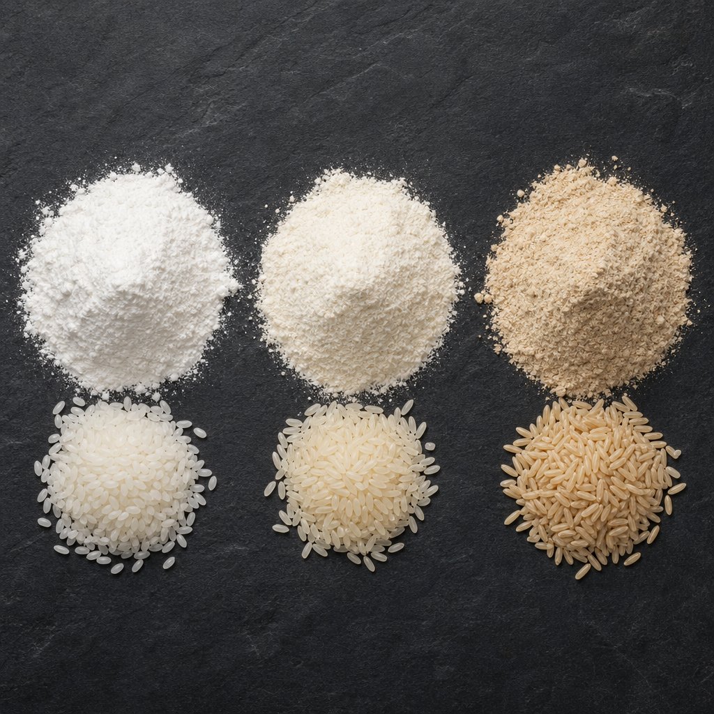 visual comparison of rice powder varieties showing differences in color and texture from white to brown