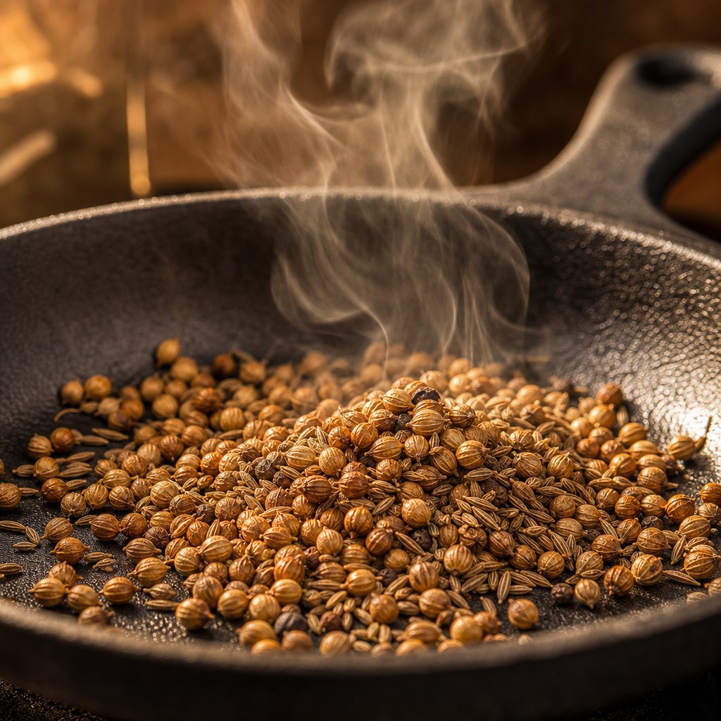 whole spices releasing aromatic oils during dry toasting in a cast iron skillet
