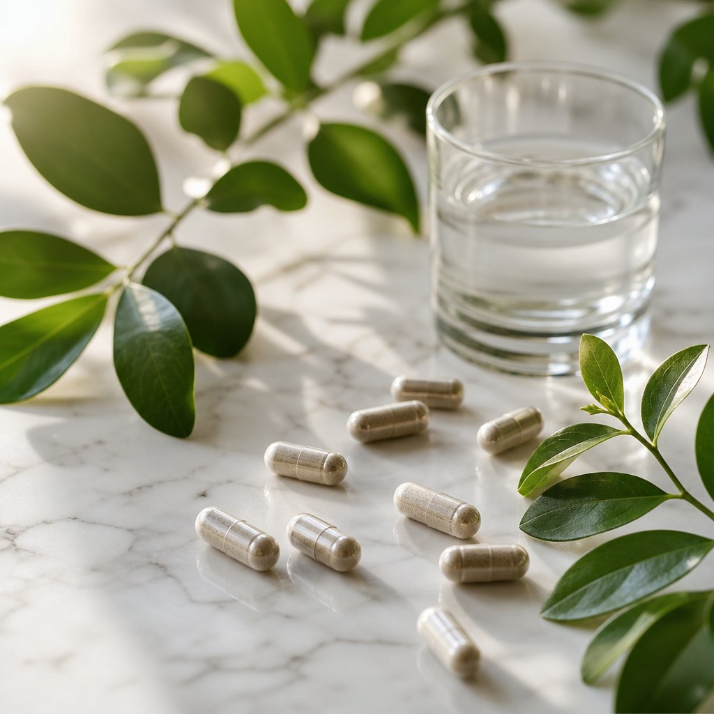 zinc tablets for acne treatment shown alongside natural elements representing skin health and daily supplementation