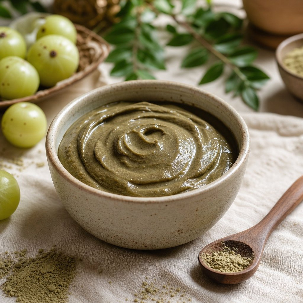 amla powder mixed into a smooth paste ready for application as a nourishing hair mask treatment