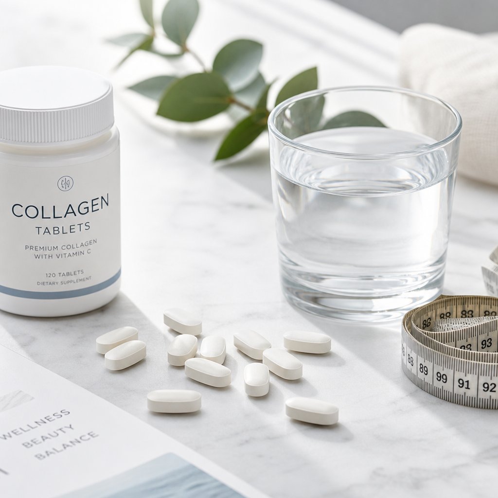 collagen tablets next to a glass of water representing the relationship between collagen supplementation and weight concerns