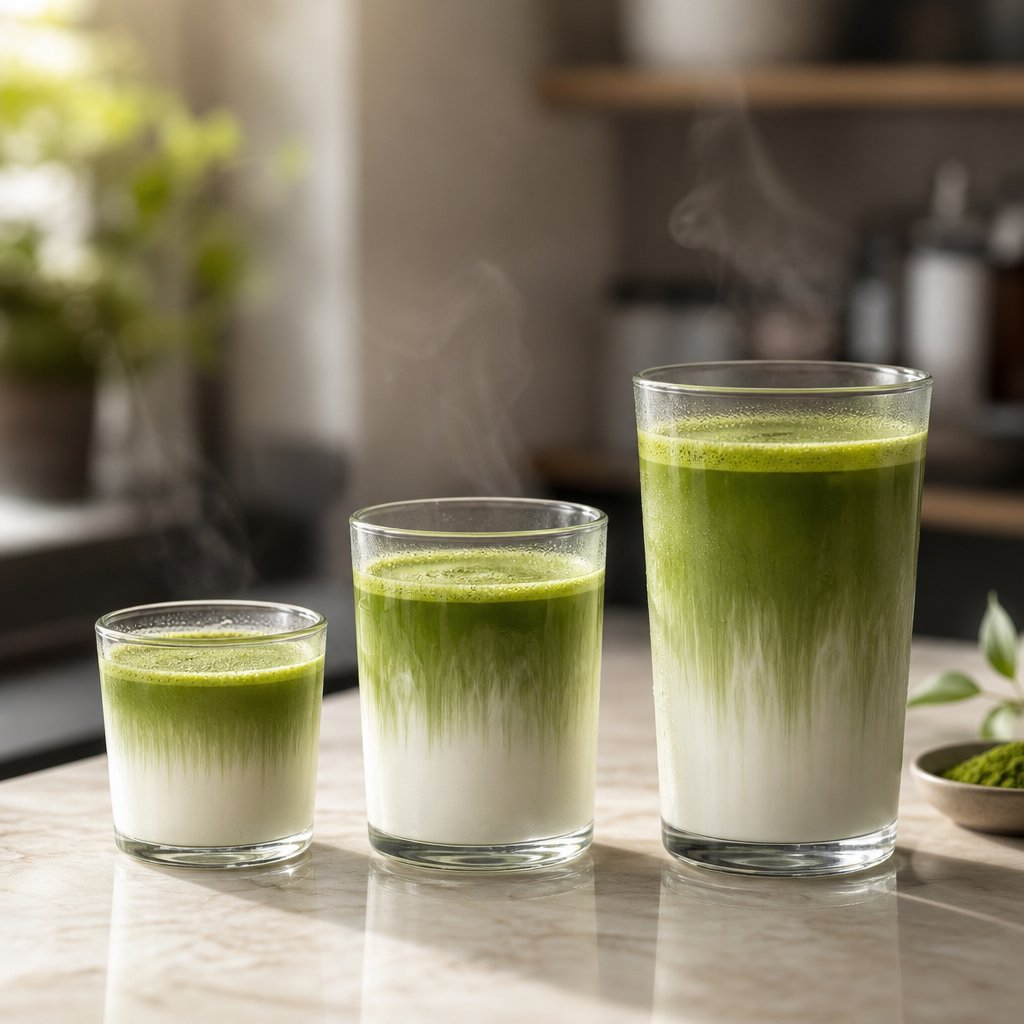 matcha lattes in three cup sizes showing proper green tea to milk proportions