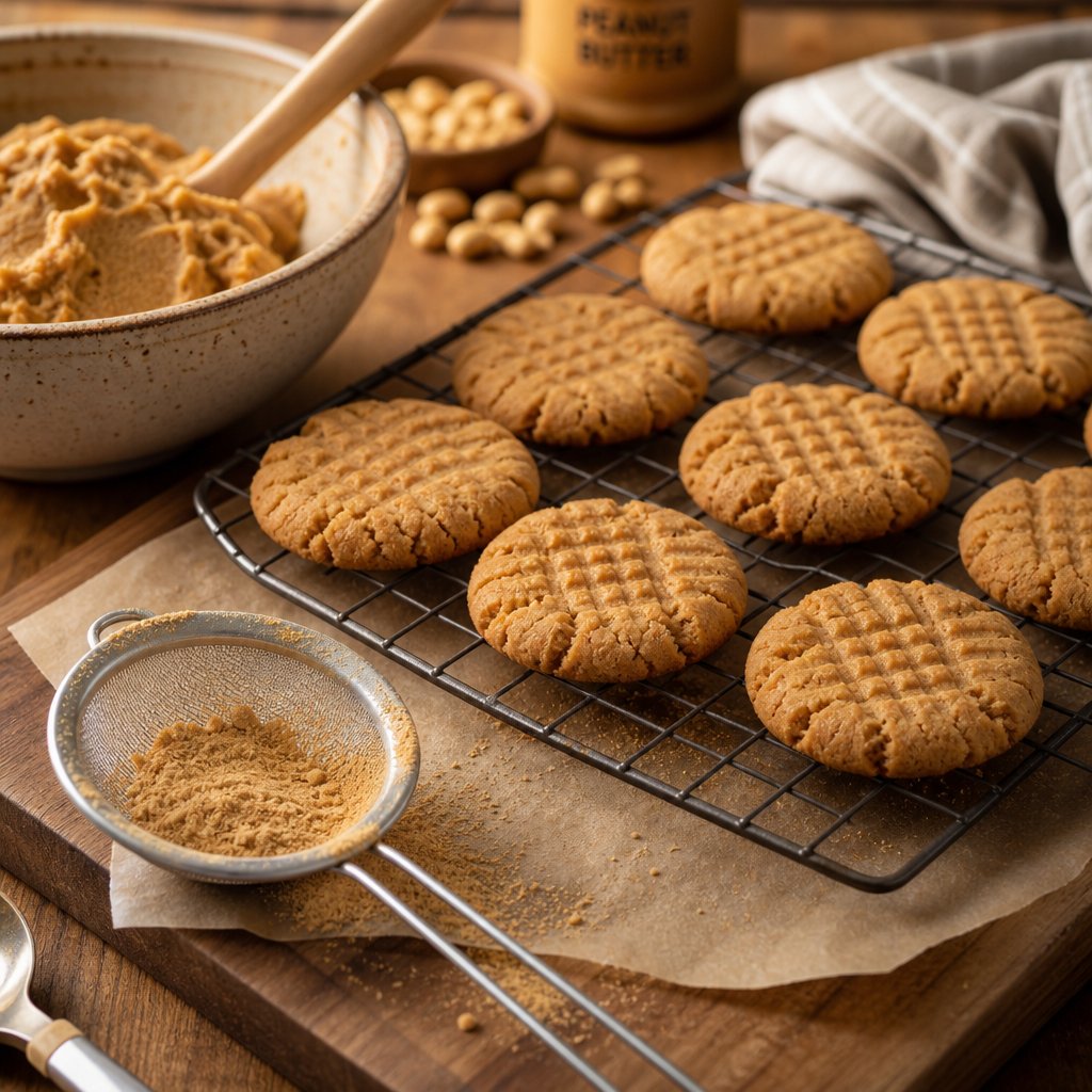 freshly baked peanut butter powder cookies with classic criss cross pattern on a cooling rack