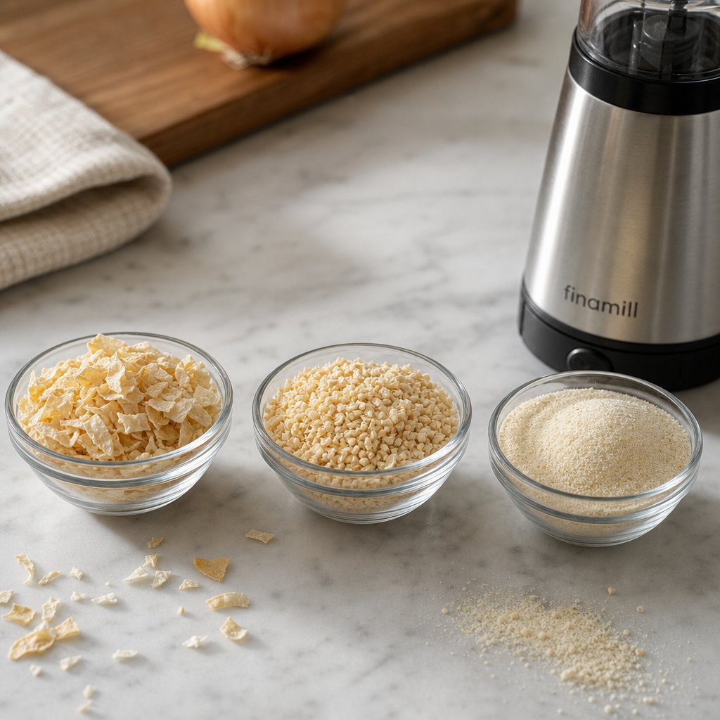three textures of ground onion from left to right flakes granules and fine powder