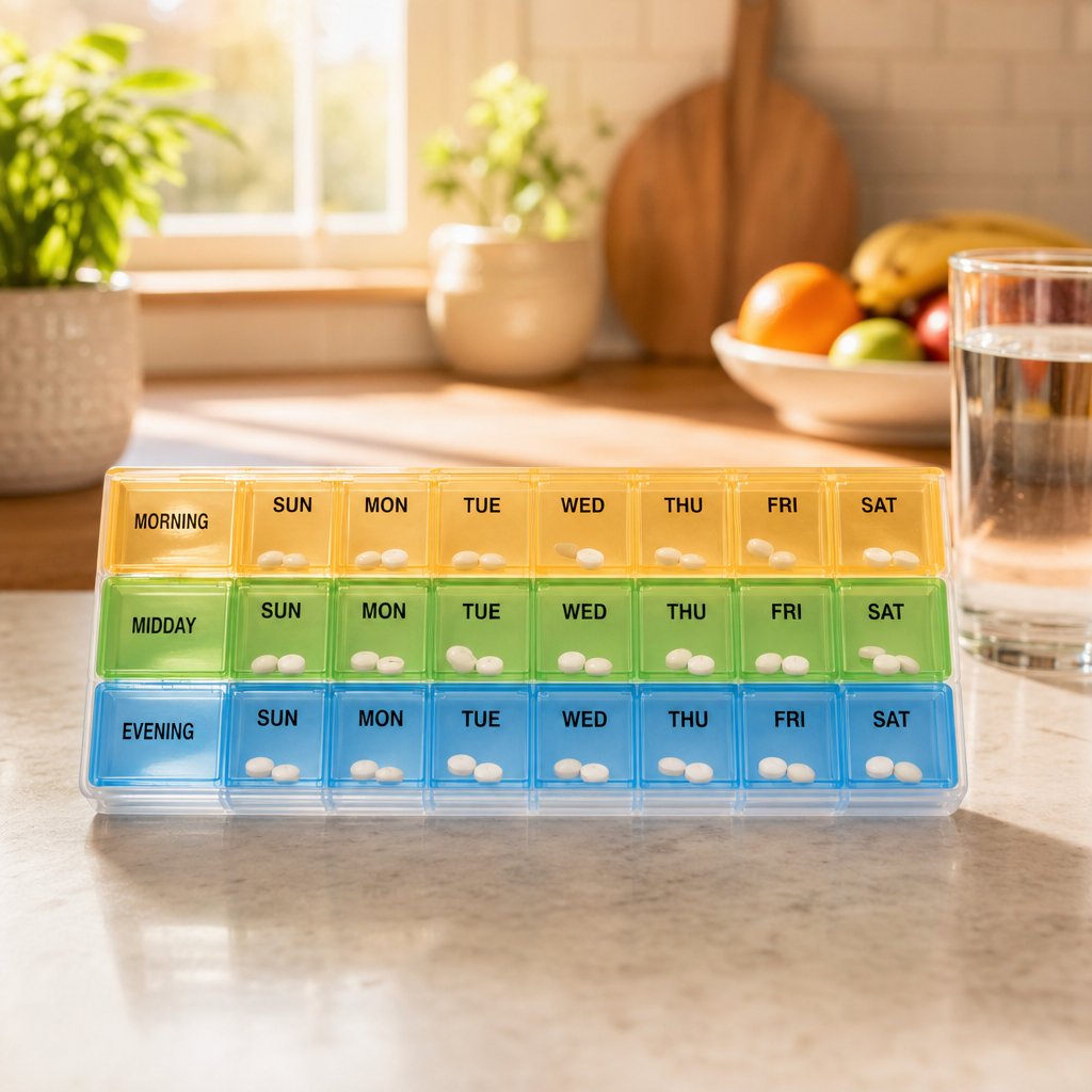 daily pill organizer showing calcium doses split across meals for better absorption and reduced digestive discomfort