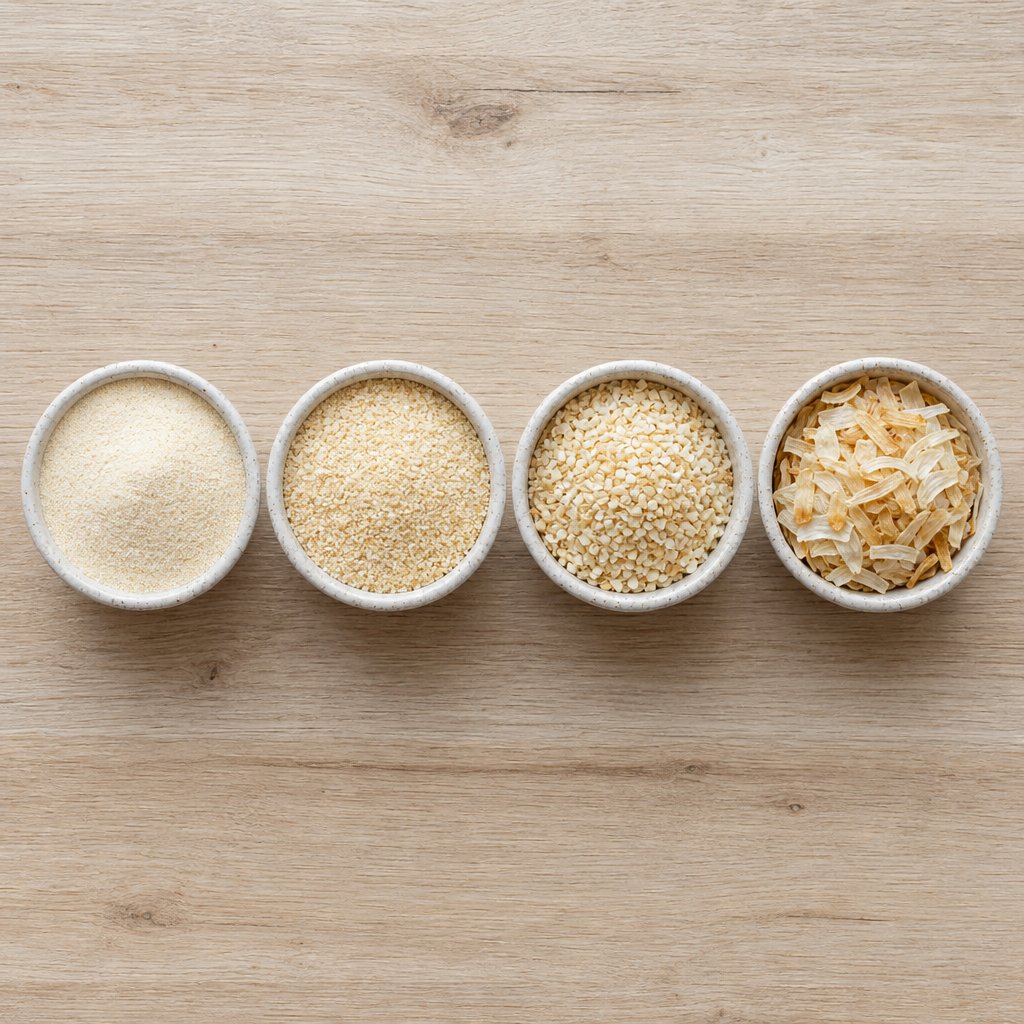 the spectrum of dried onion products from fine powder to coarse flakes