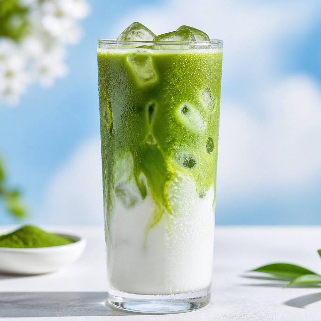 a layered iced matcha drink showing the concentrated matcha base poured over ice and cold milk