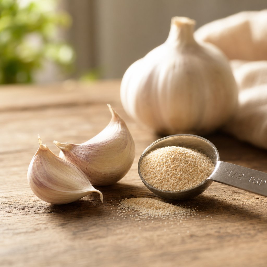three garlic cloves next to a measuring spoon of garlic powder showing the kitchen conversion ratio