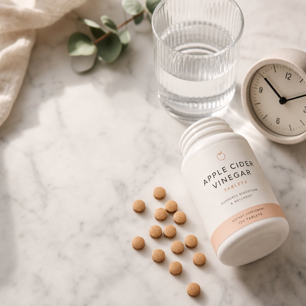 apple cider vinegar tablets beside a clock and water glass representing optimal timing for supplement absorption
