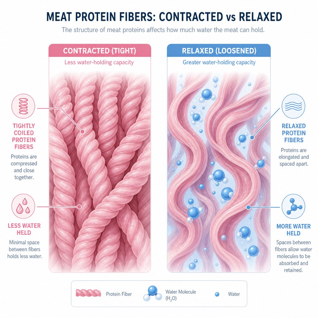 alkaline ph relaxes protein fibers and increases water retention in meat