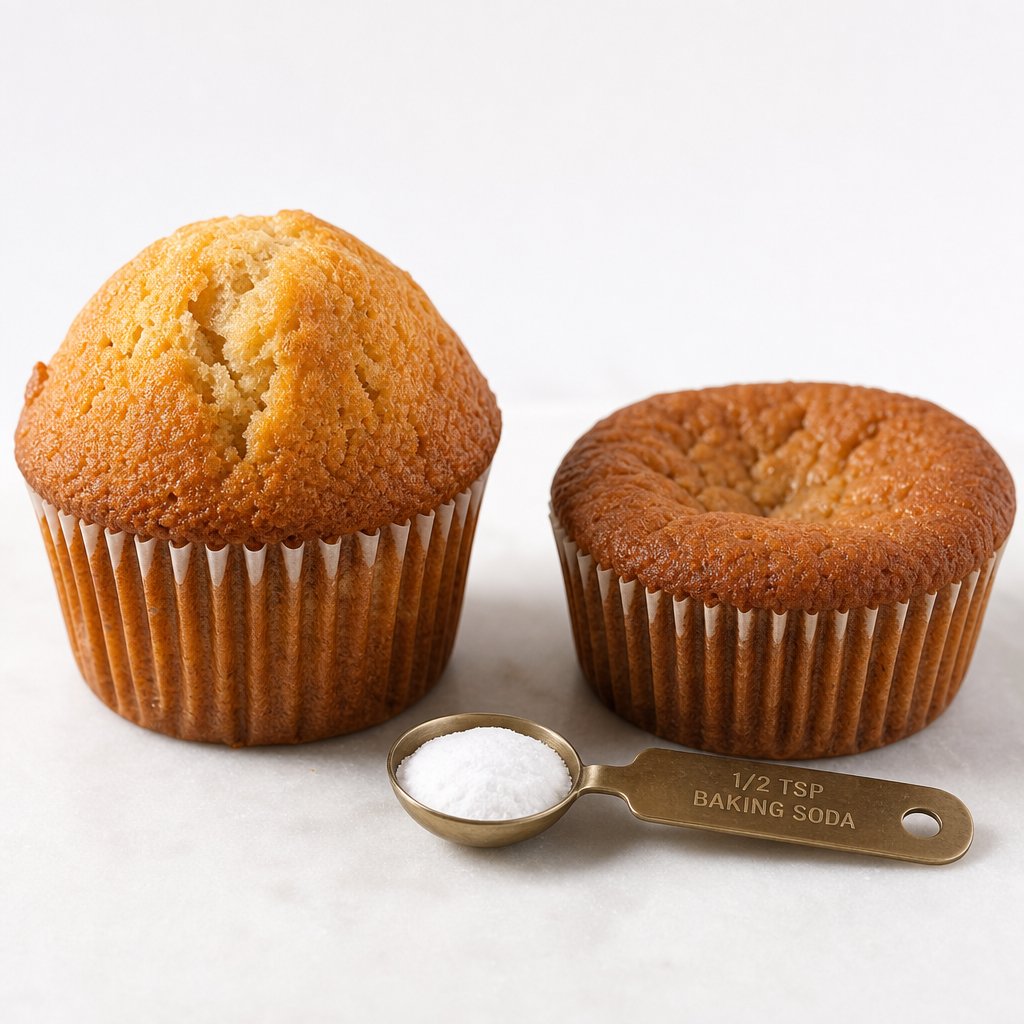 properly measured leavening produces a well risen muffin while excess or poor timing causes flat results