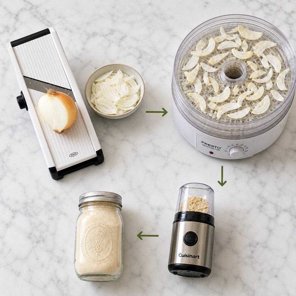 essential home equipment for making onion powder mandoline dehydrator spice grinder and airtight storage jar