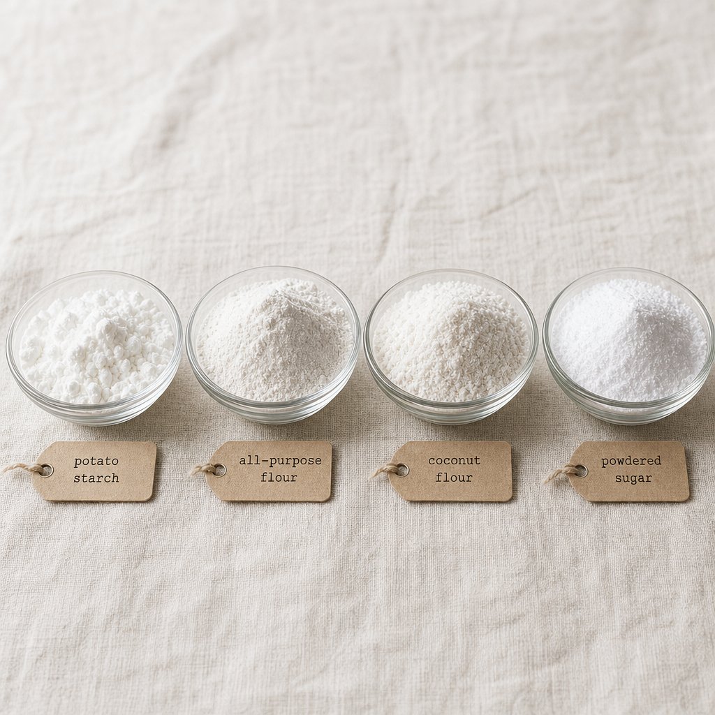 common rice powder substitutes including tapioca starch cornstarch and potato starch compared side by side
