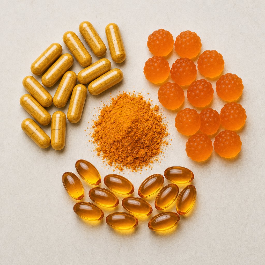 different turmeric supplement formats including capsules powder and gummies for various health goals