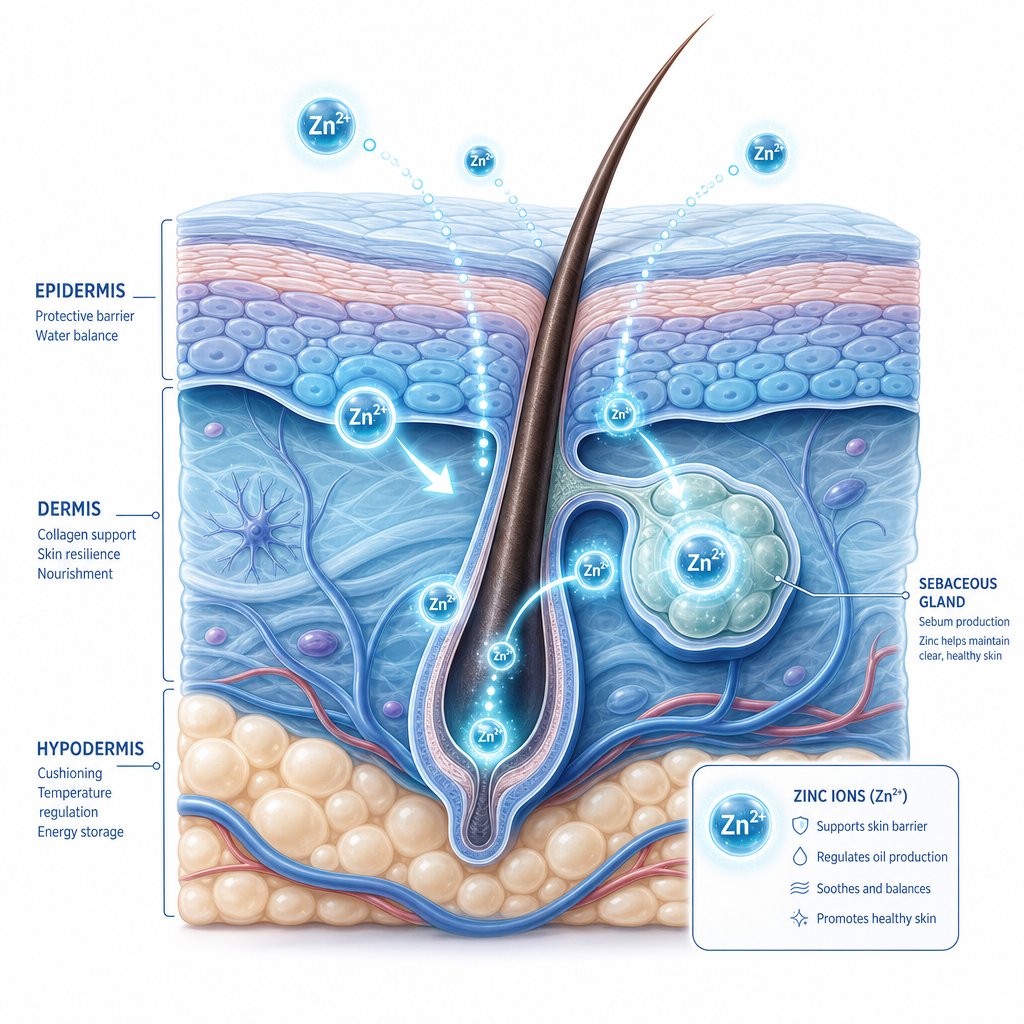 illustration of zinc ions interacting with skin at the cellular level to reduce inflammation and regulate oil production