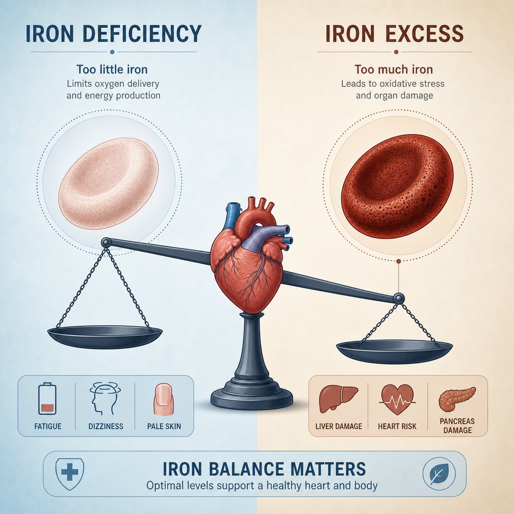 both iron deficiency and iron excess can trigger palpitations through different cardiovascular mechanisms