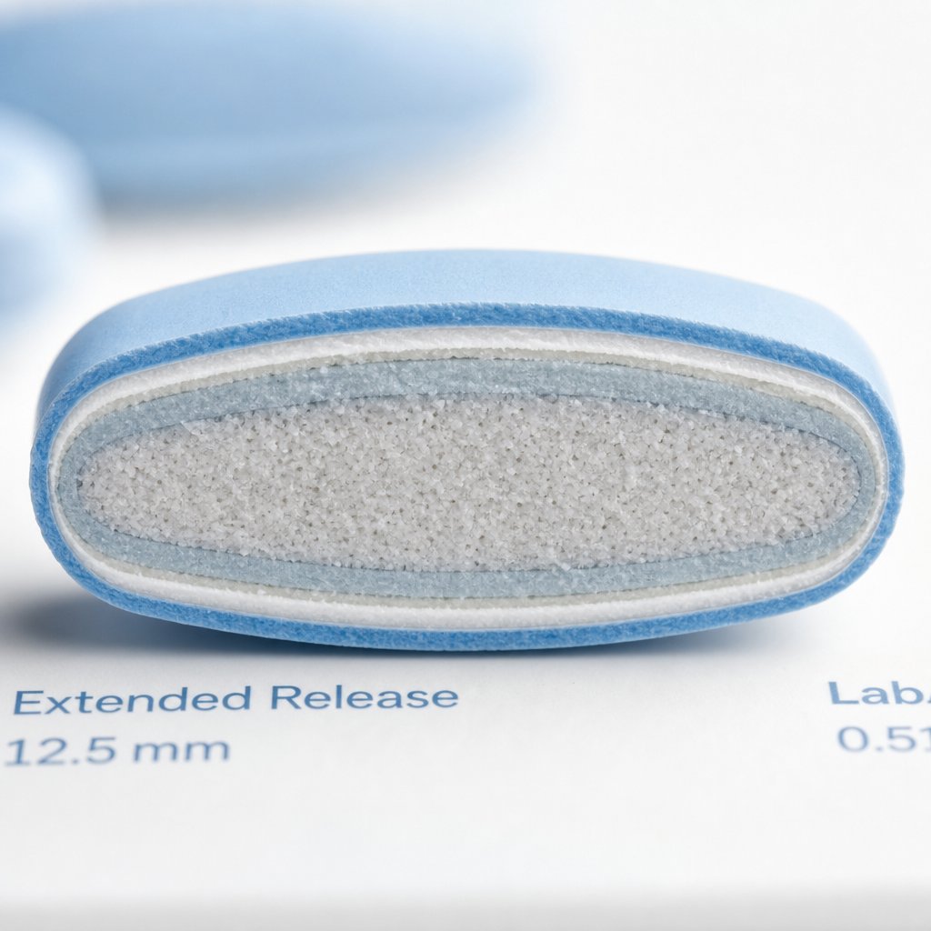 cross section view of an extended release tablet showing the layered structure that controls gradual drug delivery