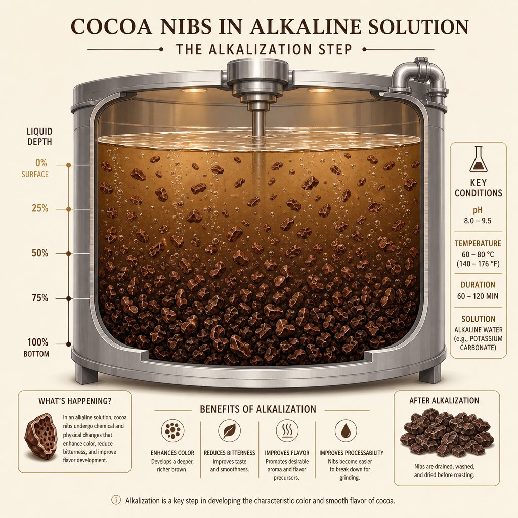 cocoa nibs undergo alkalization as an alkaline solution neutralizes natural acids and deepens color