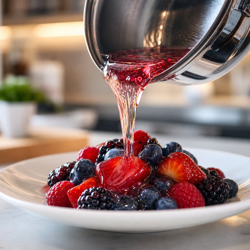 a crystal clear glossy fruit sauce thickened with arrowroot powder showcasing its signature transparent finish