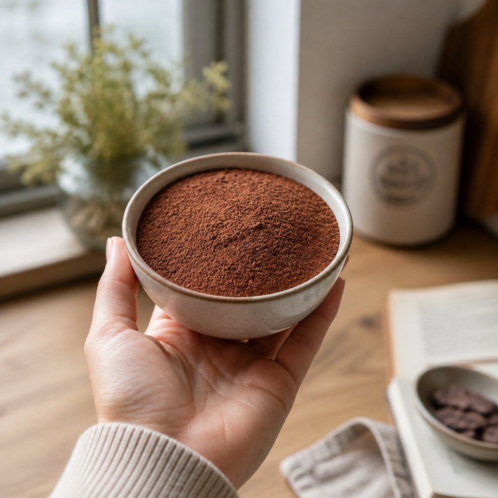 inspecting cocoa powder under good lighting to check for visual signs of spoilage versus normal aging