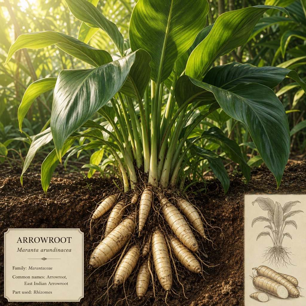 the tropical maranta arundinacea plant with its starch rich rhizomes used to produce arrowroot powder
